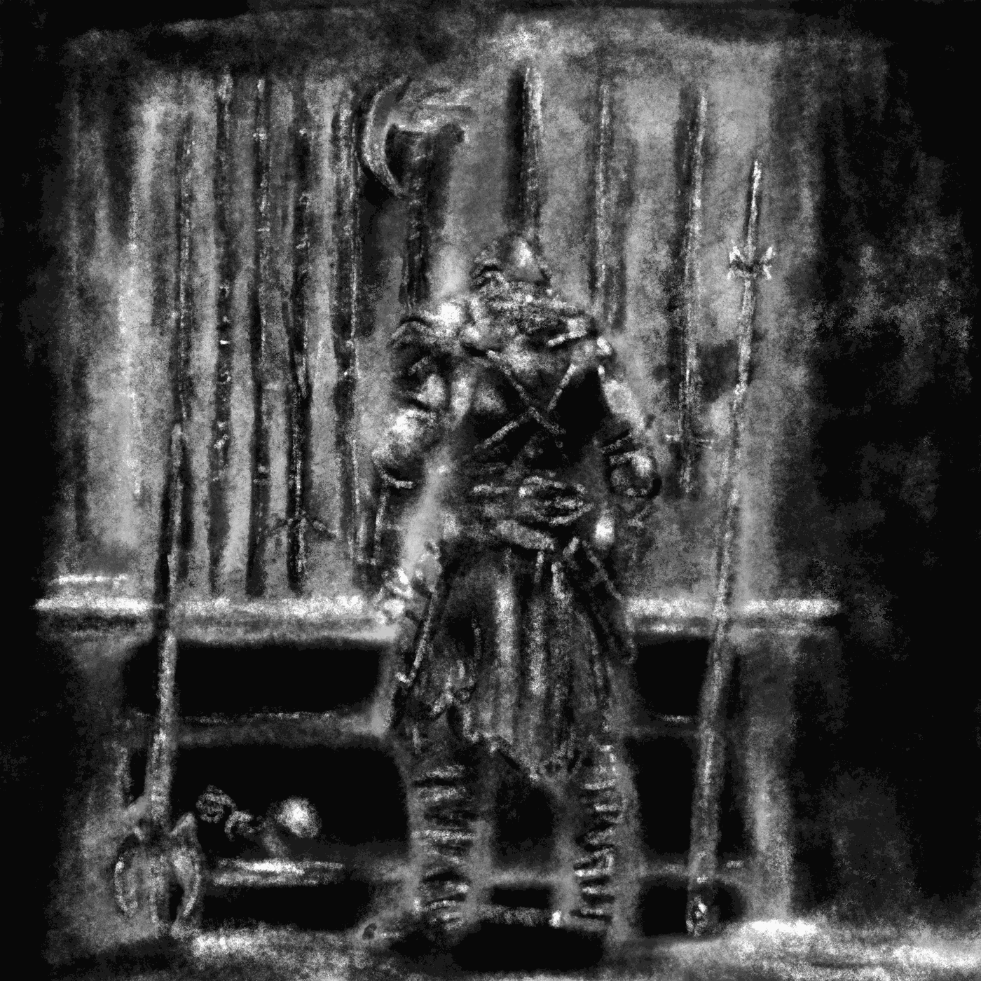 A revenant in armor standing before a wall of spears